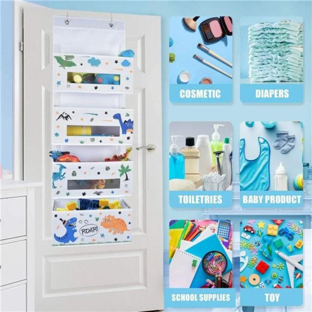 Dinosaur Over Door Hanging Organizer - Behind Door Storage with 4 Clear Pockets